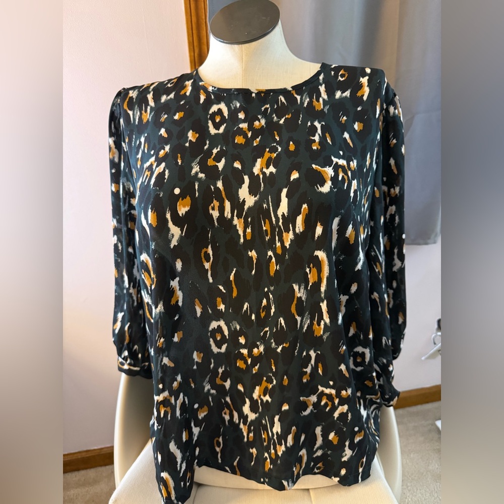 Express Black Leopard Print Blouse with Mustard and Cream Accents